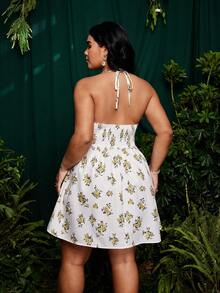 Roveilla Vestido de vacaciones con cuello de halter con estampado floral diminuto, talla grande, primavera/verano - Amarillo - Ver 2
