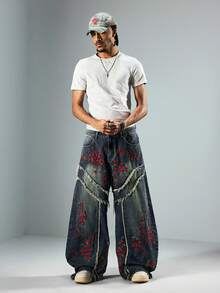 ROMWE MEN Street Life 男士印花做旧牛仔裤，带腰带环 - 藍色 - 查看 1