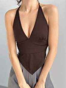 Firerie Top corto con escote en V profundo, cuello de halter, tirantes con lazo y espalda descubierta para mujer - Café integral - Ver 5