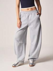 MISSGUIDED 宽松筒形运动裤，弹性腰带，抽绳侧袋，舒适日常穿着，休闲居家运动裤 - 灰色 - 查看 1