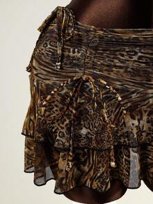 Zestiva 女士豹纹三角罩杯挂脖系带高衩褶皱网纱荷叶边下摆三件套吊带泳衣套装 - 彩色 - 查看 4