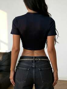 INAWLY 女士极简印花性感链条短袖上衣 - 黑色 - 查看 2