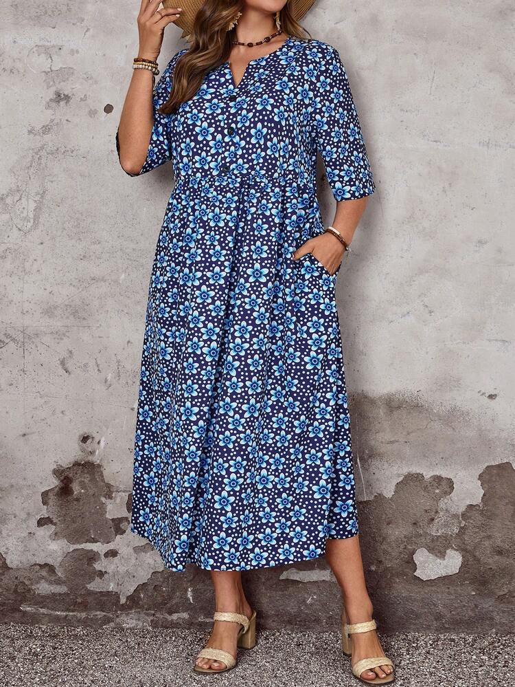 Plus Size Ditsy Floral Notched Neck Casual Vacation Dress,Summer/Spring/Flower Country Style For Women Summer Holiday Outfits Spring Break Outfits  Floral Dress  Blue Floral Dress Blue Summer Dress Women