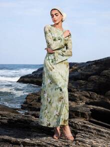 Veilorie 女士圆领喇叭袖收腰优雅阿拉伯风格连衣裙 - 綠色 - 查看 5