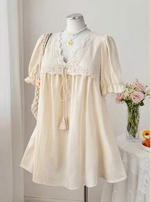 Sweetra Đầm babydoll cỡ lớn cổ chữ V phối ren tay ngắn xếp nếp thắt eo thanh lịch cổ điển dễ thương thường ngày dự tiệc ngày lễ - Màu be - Xem 5