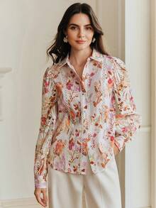 Anewsta 新款女士度假优雅衬衫领拼接镂空蕾丝印花衬衫 - 彩色 - 查看 4