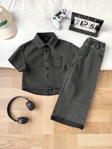 2pcs/Set Young BoyDark Gray Denim Loose Shirt And Wide Leg Pants - Dark Grey - View 8