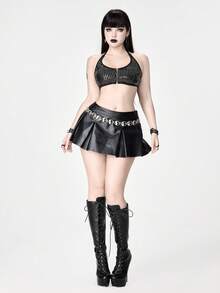 ROMWE Women's Gothic Punk Crinkle Zip Front Halter Sexy Bralette - Black - View 6