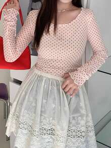 DAZY 女士波点薄纱长袖圆领打底衫，春夏款 - 淺粉色 - 查看 2