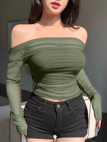 DAZY Blusa elástica de malla transparente con hombros descubiertos, para primavera/verano - Verde Oliva - Ver 7