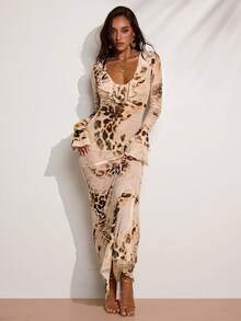 SHEIN BAE Women's Fashion Leopard Print Ruffle Hem Dress - Apricot - View 5