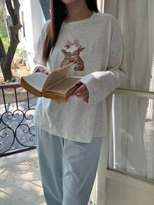 Dazy Plus 大码女式可爱卡通印花宽松套头衫长裤睡衣套装，春秋季 - 淺灰色 - 查看 8