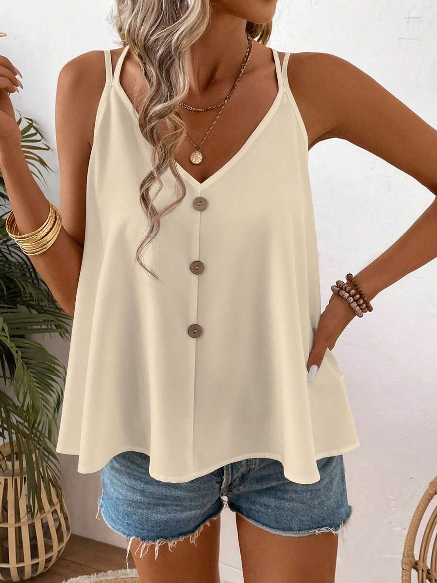 SHEIN LUNE Women's Casual Everyday Commute Vacation Loose Button Decor Camisole, Solid Color, Summer - Apricot - View 1