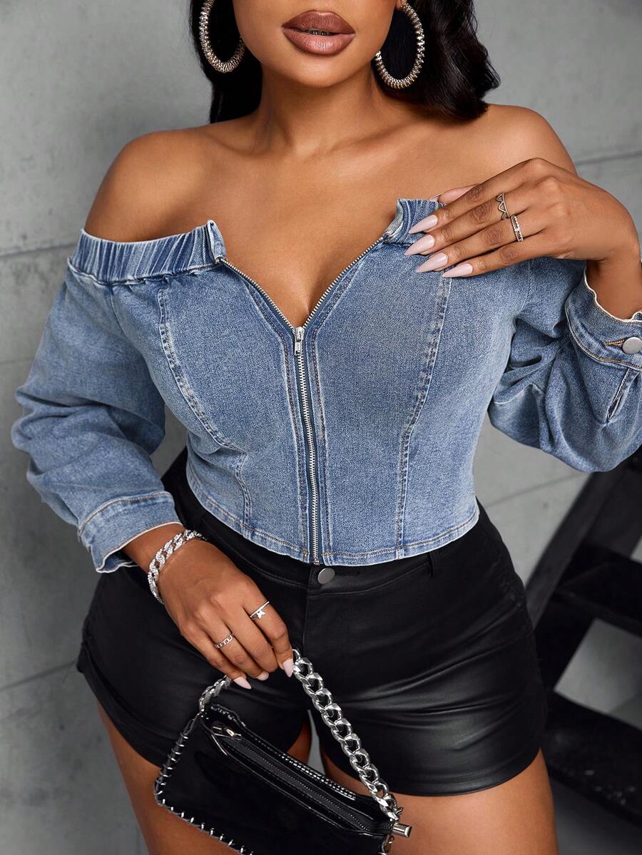 Slaydiva Blusa vaquera de manga larga versátil con hombros descubiertos y cremallera, de unicolor, talla grande - Azul - Ver 1