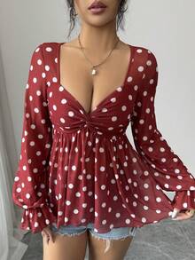 Rafferiza Elegant Sexy U-Neck Twist Front Long Sleeve Mesh Floral Print Blouse, Spring/Summer, Red & White - Red and White - View 6