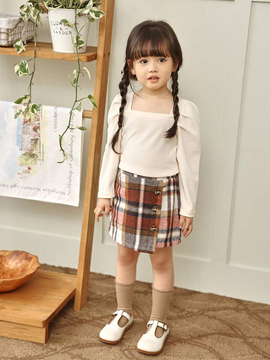 SHEIN Elladie kids 2 件套年轻女孩圣诞装 - 女孩休闲褶皱圆领羊腿袖红色上衣和经典红白格子不对称下摆裙子套装，时尚百搭，适合圣诞节和其他场合，秋冬季