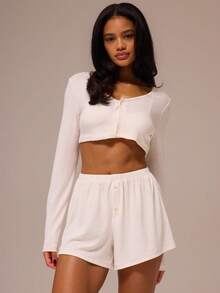 MUSERA ESSENTIALS Scoop Neck Longsleeve Cropped Button Through Pointelle Cardigan Coord Top Only Spring Winter Cosy Cute Daily Girly Lounge Essential - White - View 1