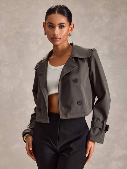 SHEIN Women's Solid Color Long Sleeve Double-Breasted Casual Short Jacket