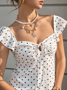 Cévolie Black Polka Dot V-Neck Bowknot Cap Sleeve Top Polka Dot Top - White - View 3