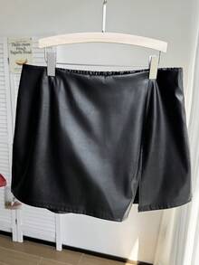 Comfortcana 大码不对称下摆PU皮革休闲裙裤，春夏款 - 黑色 - 查看 7