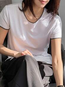DAZY Women's Slim Fit T-Shirt With Vintage Coin Trace Decor, Summer New Arrival - White - View 3