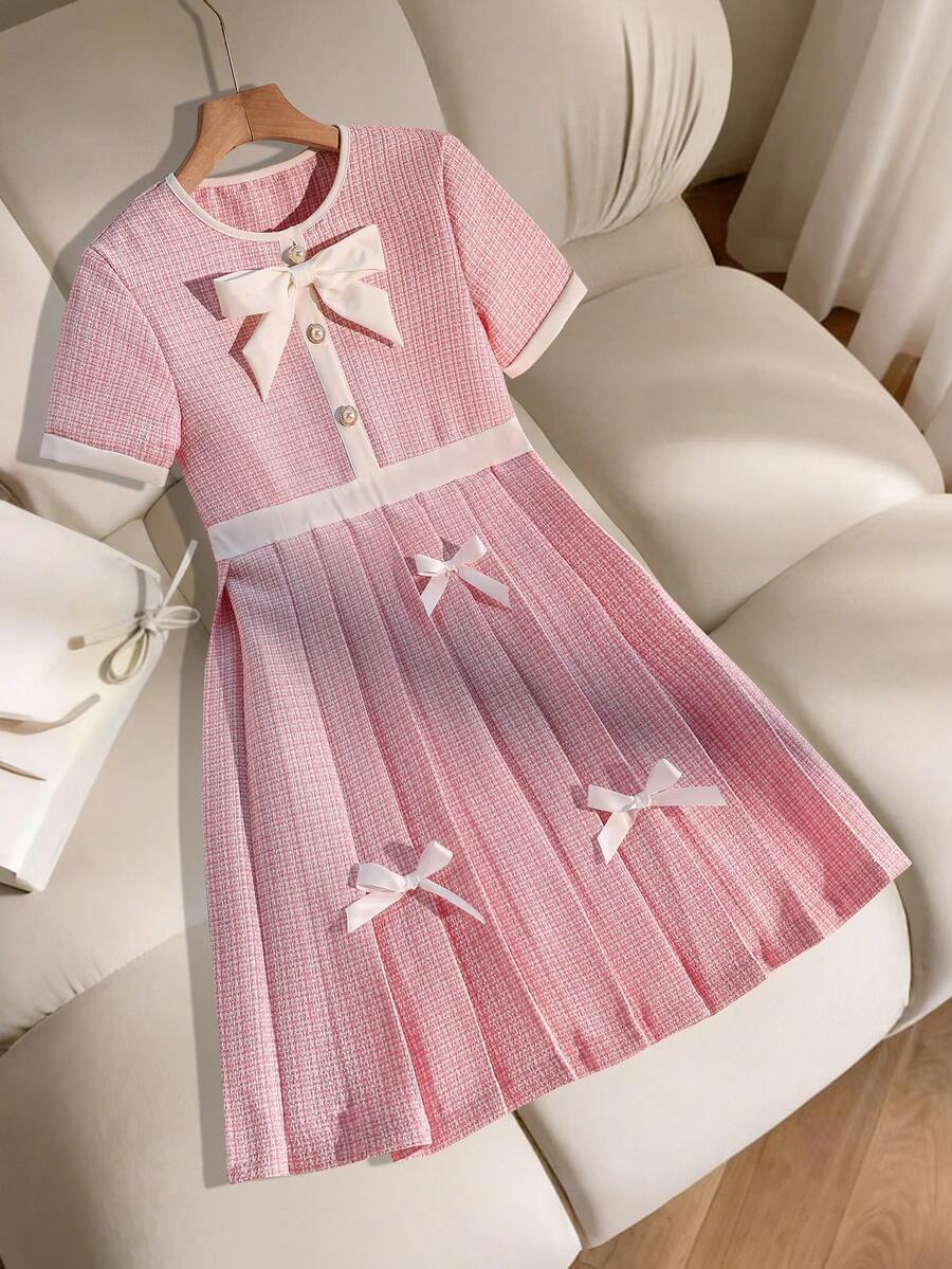 SHEIN Tween Girl Round Neck Bow Decor Pleated Sweet Short Sleeve Dress, Suitable For Vacation And Daily Wear - Pink - View 1