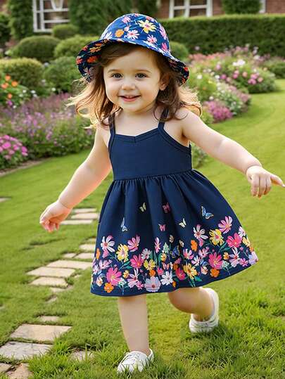 SHEIN Baby Girls Floral Print Sun Hat Dress