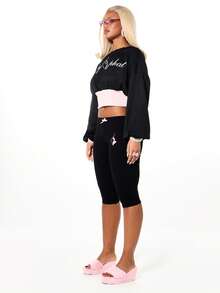 BABYPHAT 七分紧身裤，抽绳腰带，猫咪图案印花，休闲舒适，情人节必备 - 黑色 - 查看 4