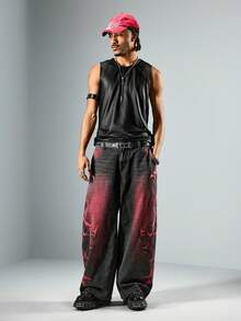 ROMWE MEN Street Life 男士红黑相间荆棘口袋宽松牛仔裤 - 黑色 - 查看 7