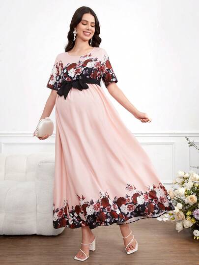Momance Maternity Contrast Color Floral Print Round Neck Short Sleeve Dress