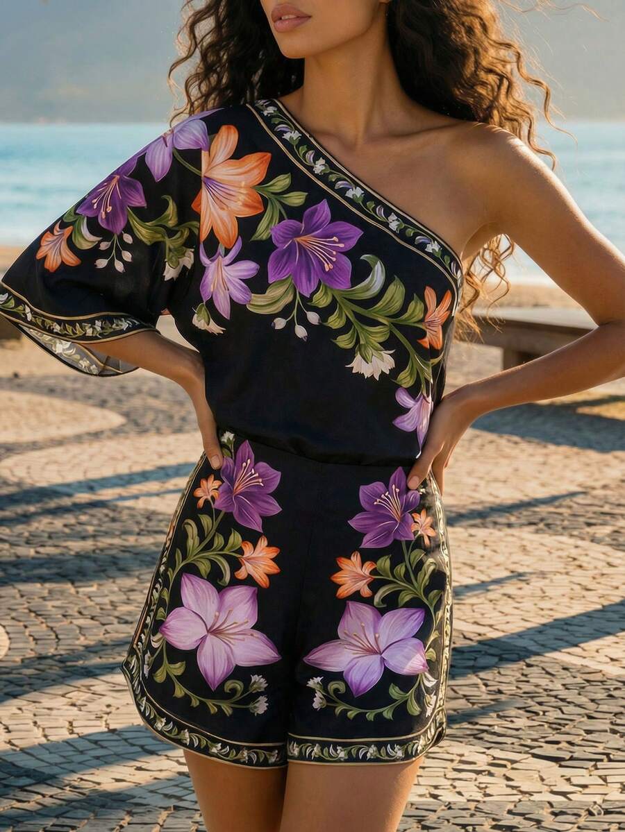 CAJUNI 女士夏季度假沙滩印花无袖连体衣 - 黑色 - 查看 1