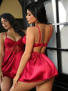 1pc Embroidered Patchwork Sexy Open Back Satin Women's Nightgown - Burgundy - View 3