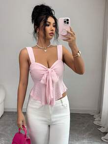 SHEIN Elenzya Women's Sweet Romantic Vacation Camisole, Pink Textured Knit Sleeveless Top Cute Tops Bow Tops For Women Baby Pink Top Women's Vest Tops Yacht Outfit Women - Pink - View 1