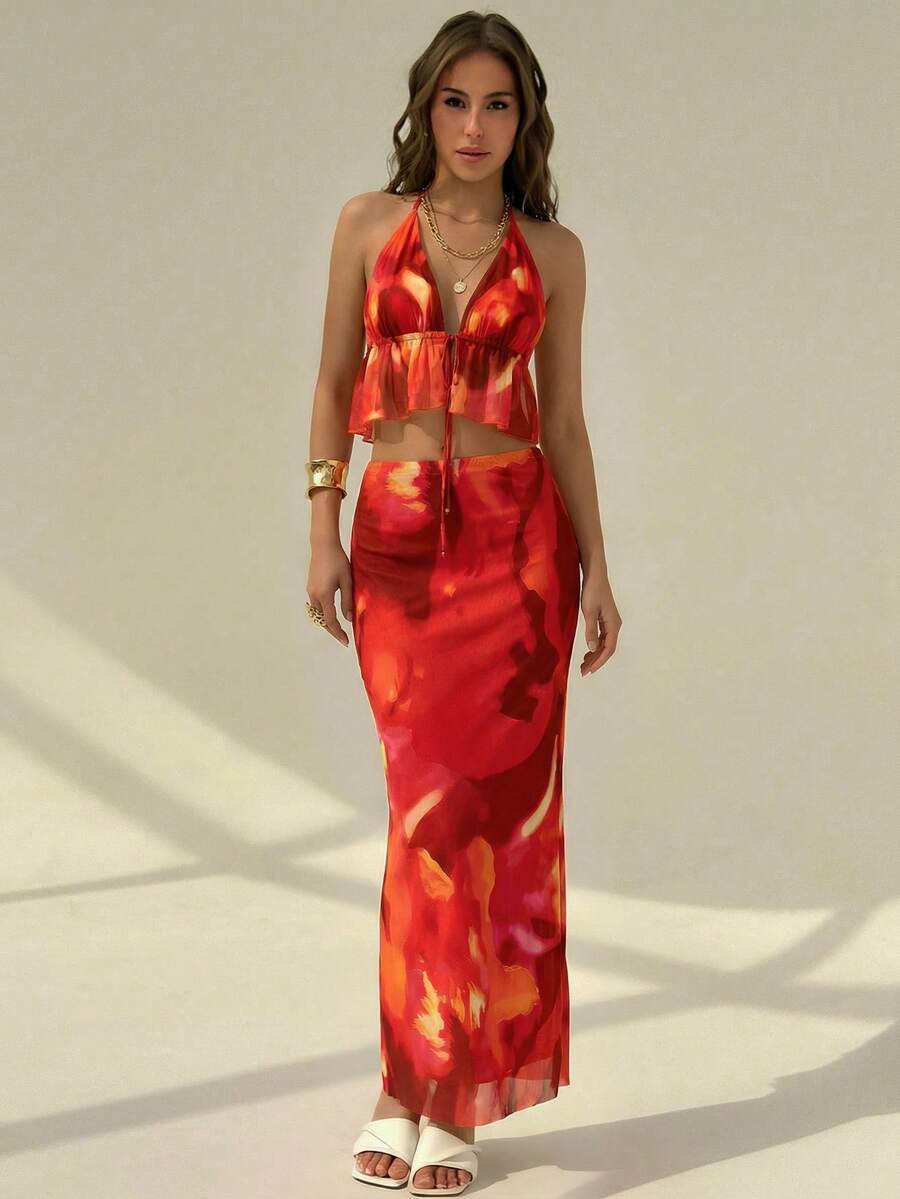 Aloruh Women's Tie-Dye Ruffle Hem Halter Top And Mini Skirt Sexy 2 Pieces Set, Vacation - White - View 1