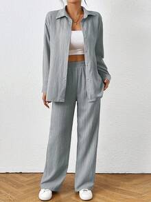 SHEIN PETITE Bộ đồ nữ thường ngày đa năng, màu trơn, gồm áo và quần, thích hợp mặc đi làm. - Màu Xám nhạt - Xem 5