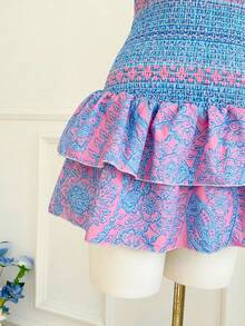 Women's Floral Print Ruffle Hem Strapless Mini Dress, Vacation Style - Multicolor - View 5