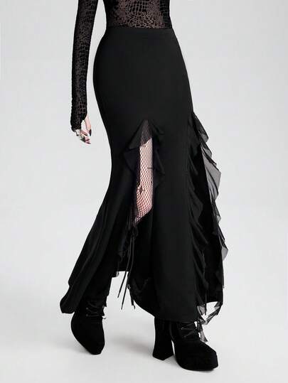 Breakform 女士哥特风性感弹力腰开衩拼接网纱层叠荷叶边流苏修身A字长裙