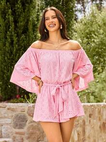 KARISMINA Women's Solid Color Knit Lantern Sleeve Off-Shoulder Jumpsuit, Suitable For Spring/Summer Vacation - Pink - View 5