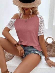 EMERY ROSE Summer Casual Contrast Color Lace Patchwork Asymmetric Collar T-Shirt Vacation Dusty Pink - Pink - View 5