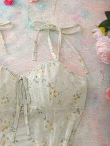 Romantic Ditsy Floral Mesh Comfortable Women Nightgown - Pink - View 4