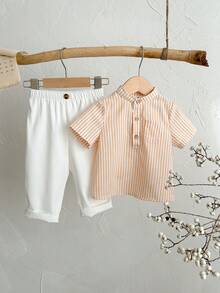 SHEIN 2pcs Baby Boy Cute Casual Striped Polo Collar Shirt And Elastic Waist Striped Casual Pants Set, Suitable For Spring And Summer Wear, Home, Outing And Vacation - Yellow - View 1