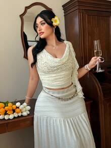 Elenzga Plus Size Women's Elegant White Summer Tea Party Draped Neck Tie Knit Sleeveless Tank Top,Fashionable Apricot Fitted Casual Wear For Vacation,Daily - Apricot - View 4