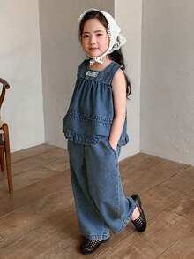 DAZY Conjunto de 2 piezas de top sin mangas con cuello de jean y jeans para niña, conjunto de ropa de otoño - Azul - Ver 6