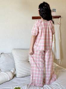 DAZY 少女格子印花泡泡袖短袖上衣搭配荷叶边阔腿宽松睡裤套装，春夏秋季 - 粉色 - 查看 2