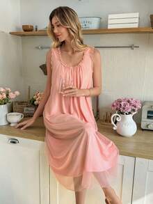 SHEIN 夏季双层网纱荷叶边吊带睡裙 - 粉色 - 查看 6