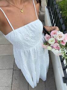 Sunnyshic Women's White Embroidered Hollow-Out Fabric Spaghetti Strap Camisole Backless Fitted Romantic Dress, Elegant European Style For Beach Holiday. Perfect Summer Holiday Outfits. - White - View 6