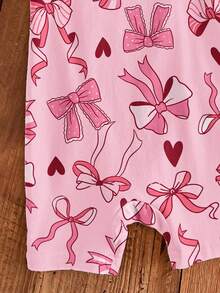 Pink Cute Bow & Heart Print Baby Girl Casual Romper, Suitable For Spring/Summer - Multicolor - View 3