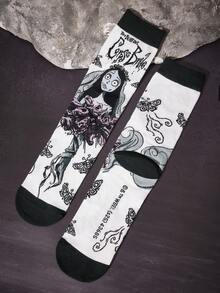 Corpse Bride X SHEIN 2双装柔软透气吸湿休闲中筒袜，时尚黑白船袜，加固袜头和袜跟，经久耐穿，男女通用，情侣四季皆宜，夏季冬季百搭，图案袜子 - 彩色 - 查看 8