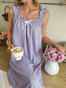 Snug Reverie Áo ngủ nữ lãng mạn với viền bèo nhún phối màu tương phản và họa tiết xếp nếp. - Màu Lilac Tím - Xem 2