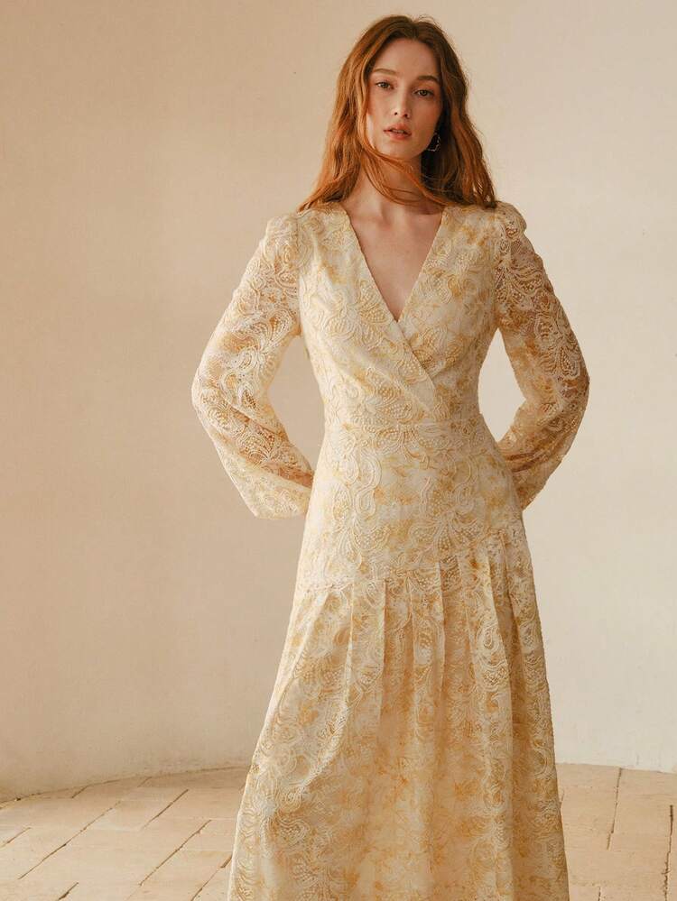 WOMEN'S CROSSED COLLAR FULL LACE PRINT LONG DRESS